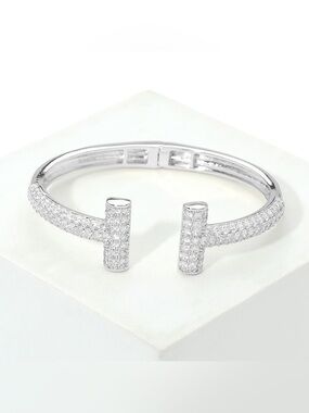 14K White Gold Plated T Bar Pave Tip Hinged Bracelet